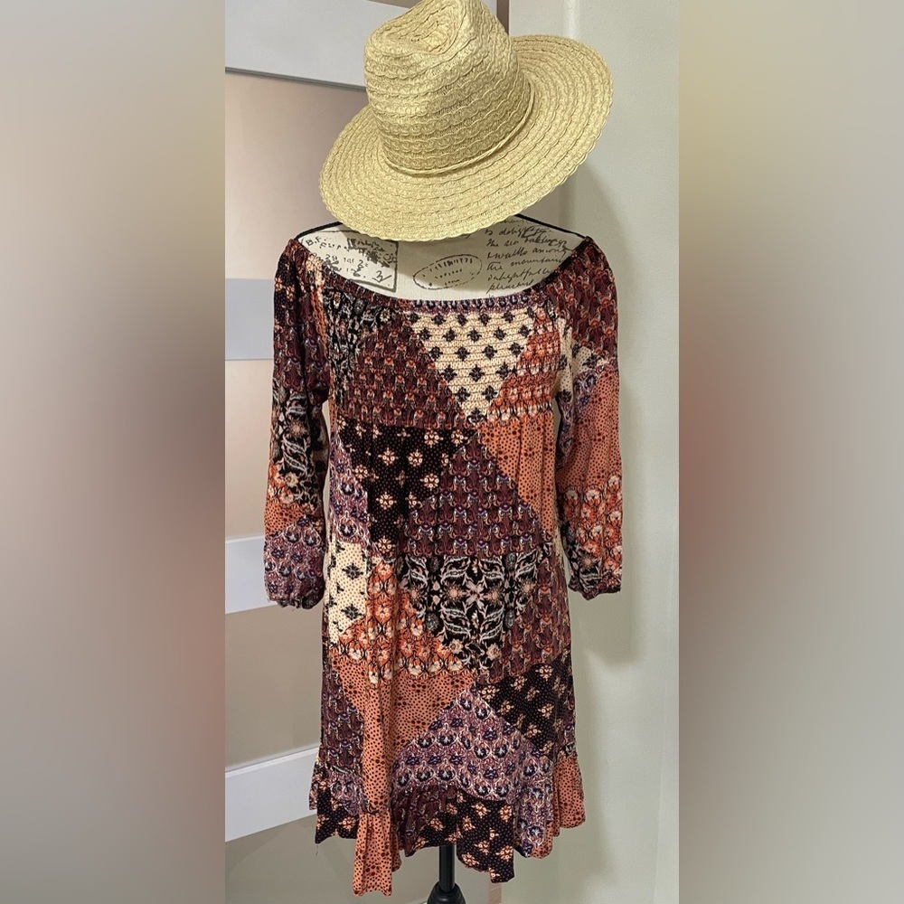 Band of Gypsies multicolored midi dress with 3/4 sleeve scoop neck sundress
